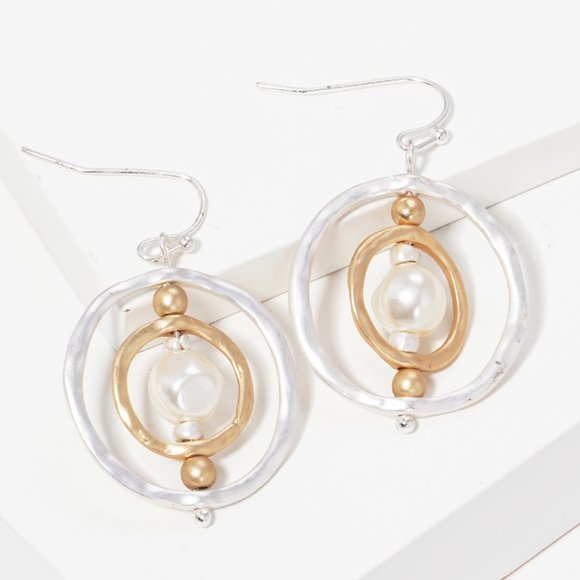 Earrings Hammered Drop Round Gold White Two Tone Fashion Jewelry Zinc Alloy - Picture 3 of 5